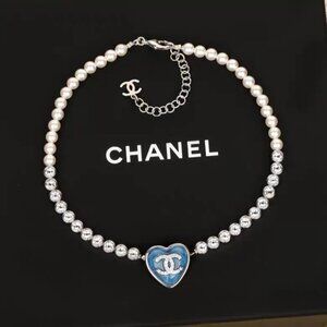 Chanel CC Faux Pearl Crystal Blue Heart Necklace